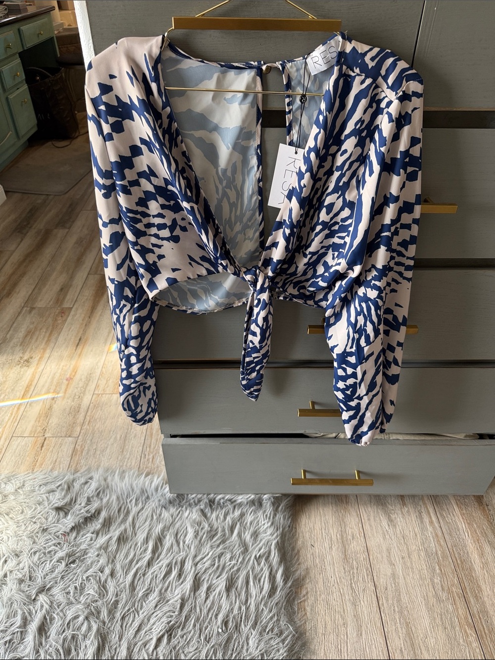 RESA Blue and White Tie-Front Crop Top
